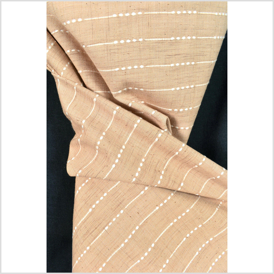 Tan light caramel color handwoven cotton fabric with woven off-white striping, light/medium-weight, fabric by the yard PHA195