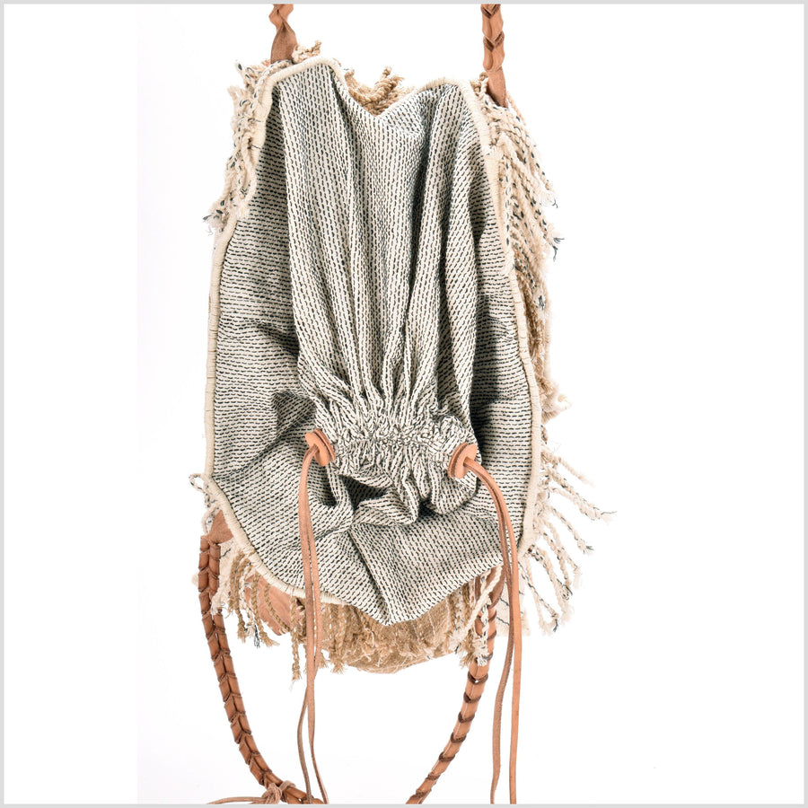 Tan striped summer handbag, ethnic boho style, natural dye soft cotton, leather handles, tribal hand stitching BG8