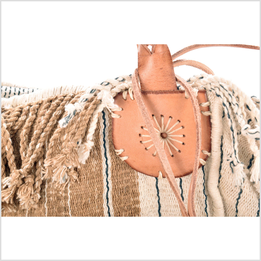 Tan striped summer handbag, ethnic boho style, natural dye soft cotton, leather handles, tribal hand stitching BG8