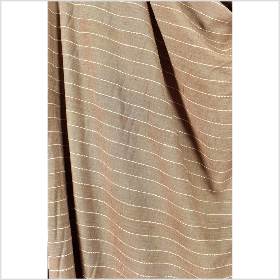 Taupe/tan medium brown two-tone handwoven cotton fabric with woven off-white striping, light/medium-weight, fabric by the yard PHA3233