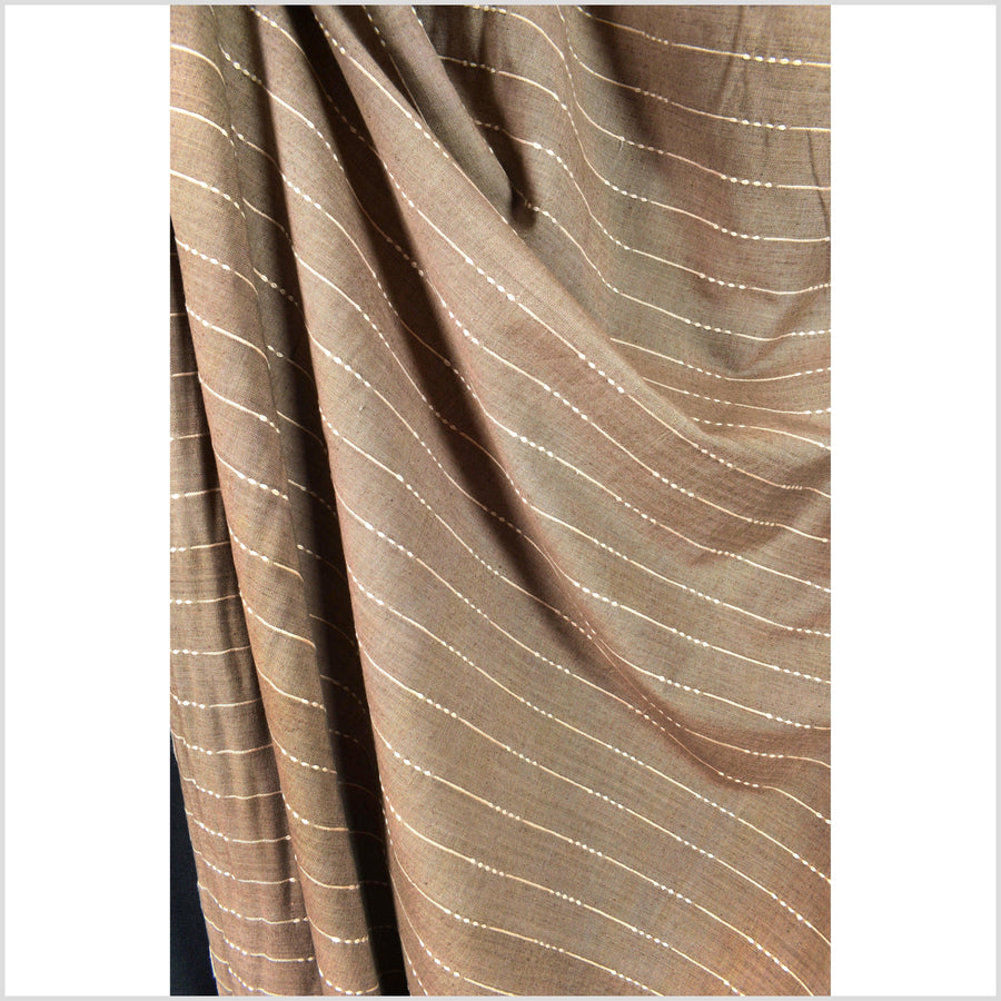 Taupe/tan medium brown two-tone handwoven cotton fabric with woven off-white striping, light/medium-weight, fabric by the yard PHA3233