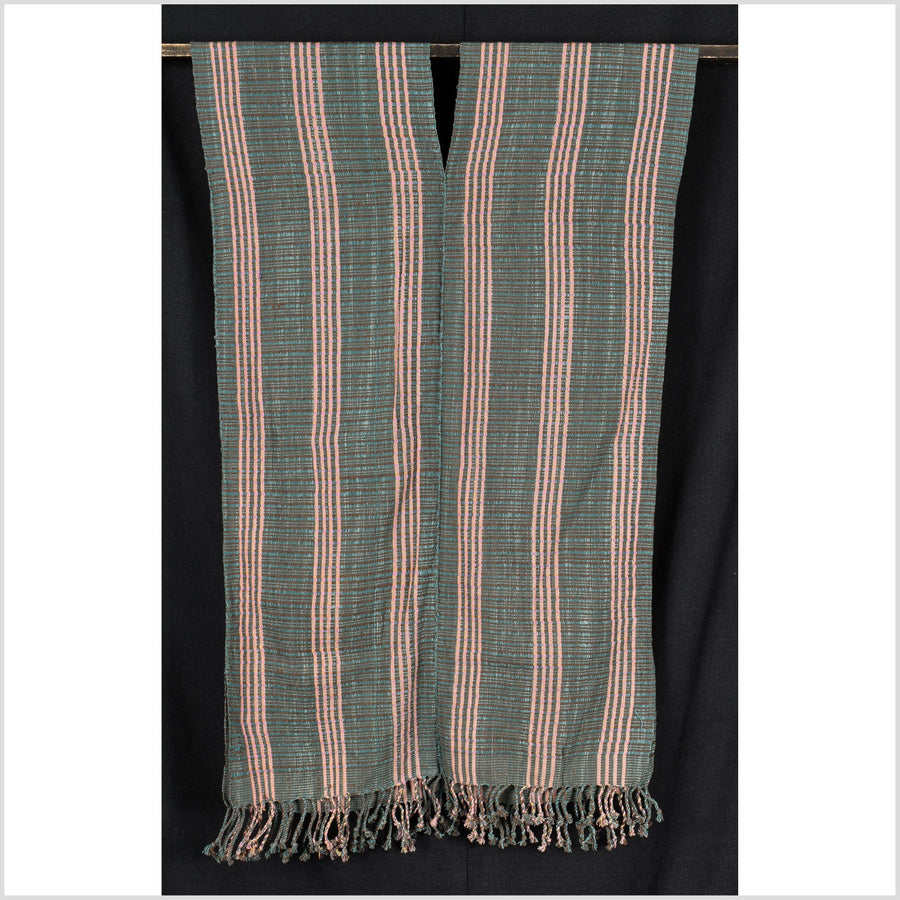 Teal, brown, pink, yellow, natural organic dye cotton, handwoven neutral earth tone tribal textile, Karen Hmong fabric, Thai striped boho throw PP60