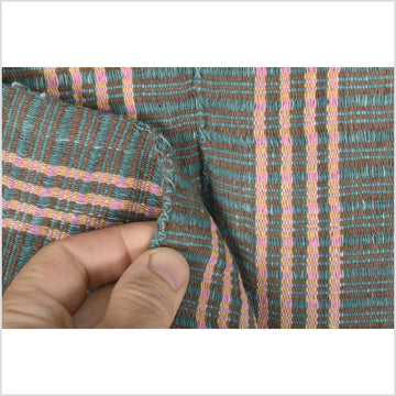 Teal, brown, pink, yellow, natural organic dye cotton, handwoven neutral earth tone tribal textile, Karen Hmong fabric, Thai striped boho throw PP60