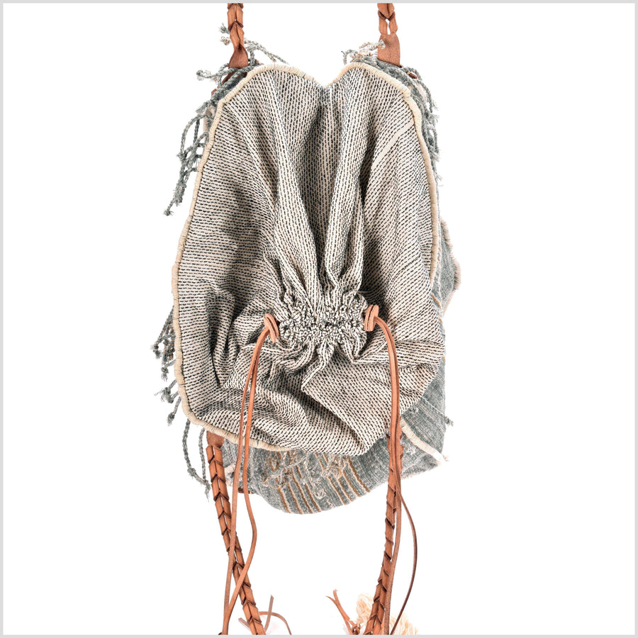 Teal striped summer handbag, ethnic boho style, natural dye soft cotton, leather handles, tribal hand stitching BG1