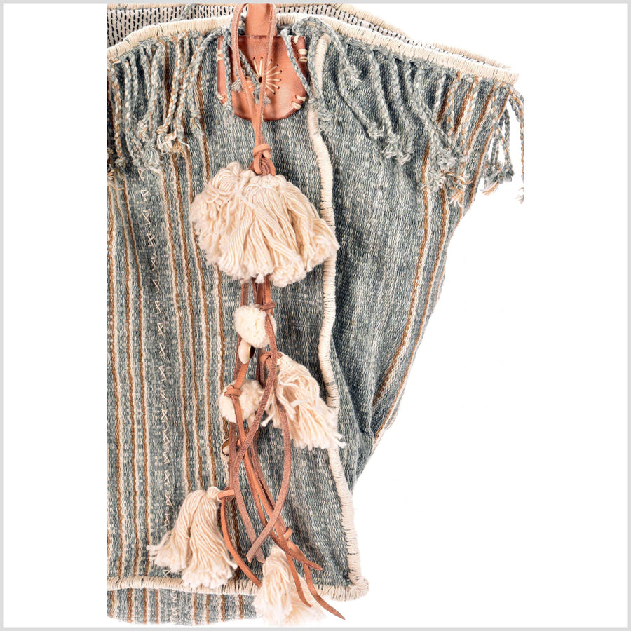 Teal striped summer handbag, ethnic boho style, natural dye soft cotton, leather handles, tribal hand stitching BG1