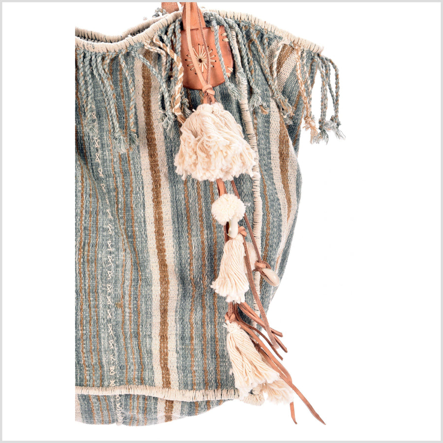 Teal striped summer handbag, ethnic boho style, natural dye soft cotton, leather handles, tribal hand stitching BG4
