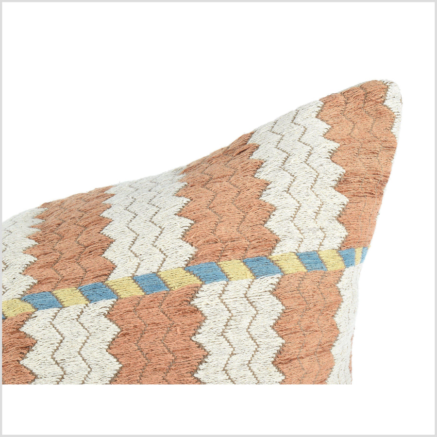 Terracotta, off-white handwoven pillow, tribal 23 in. square cushion, ethnic hill tribe cotton pillowcase, natural organic dye color, hand sewing QQ33