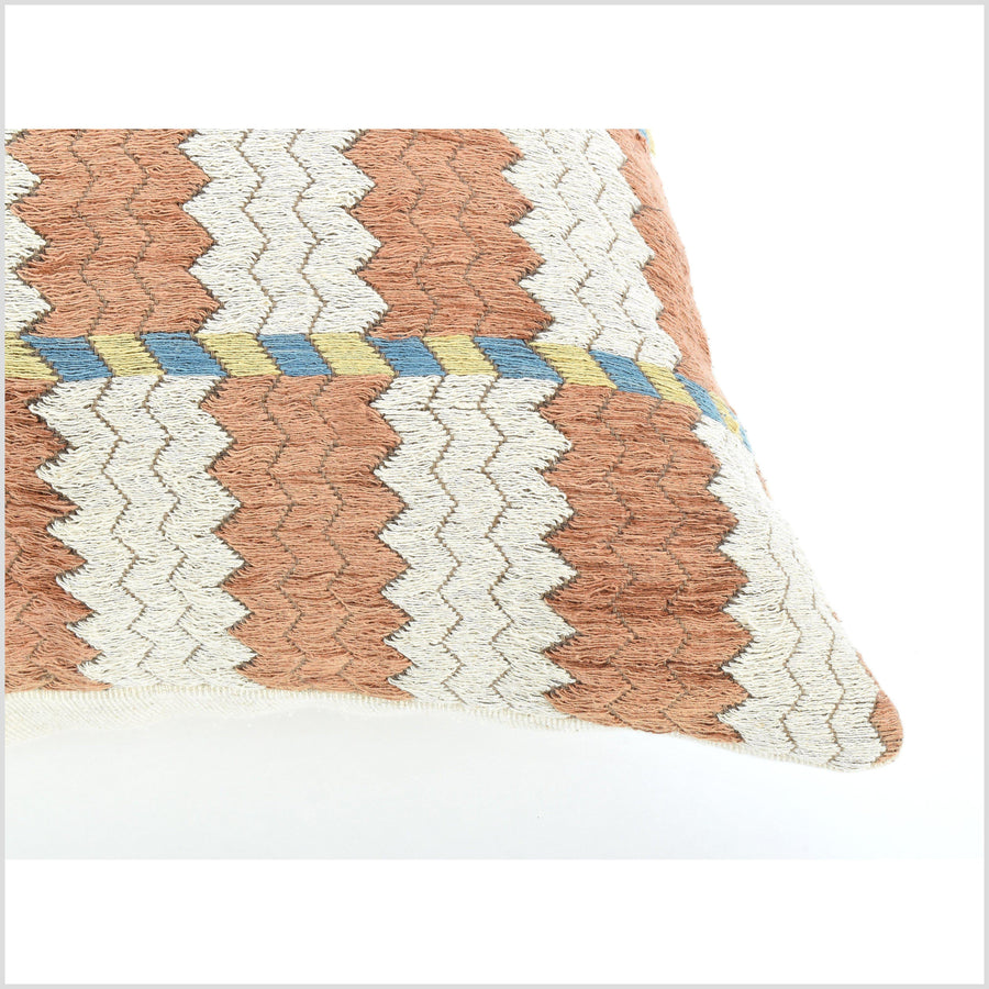 Terracotta, off-white handwoven pillow, tribal 23 in. square cushion, ethnic hill tribe cotton pillowcase, natural organic dye color, hand sewing QQ33