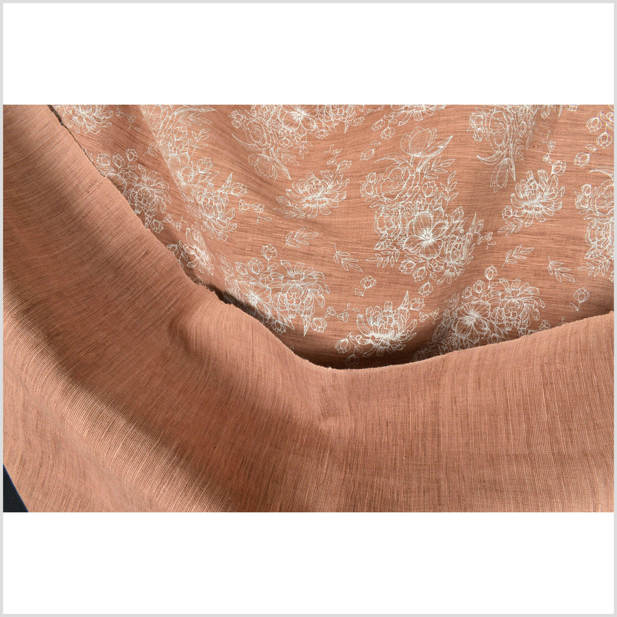 Textured handwoven, rust brown pale orange cotton fabric, off-white flower print, natural dye fabric, medium-weight, per yard PHA280