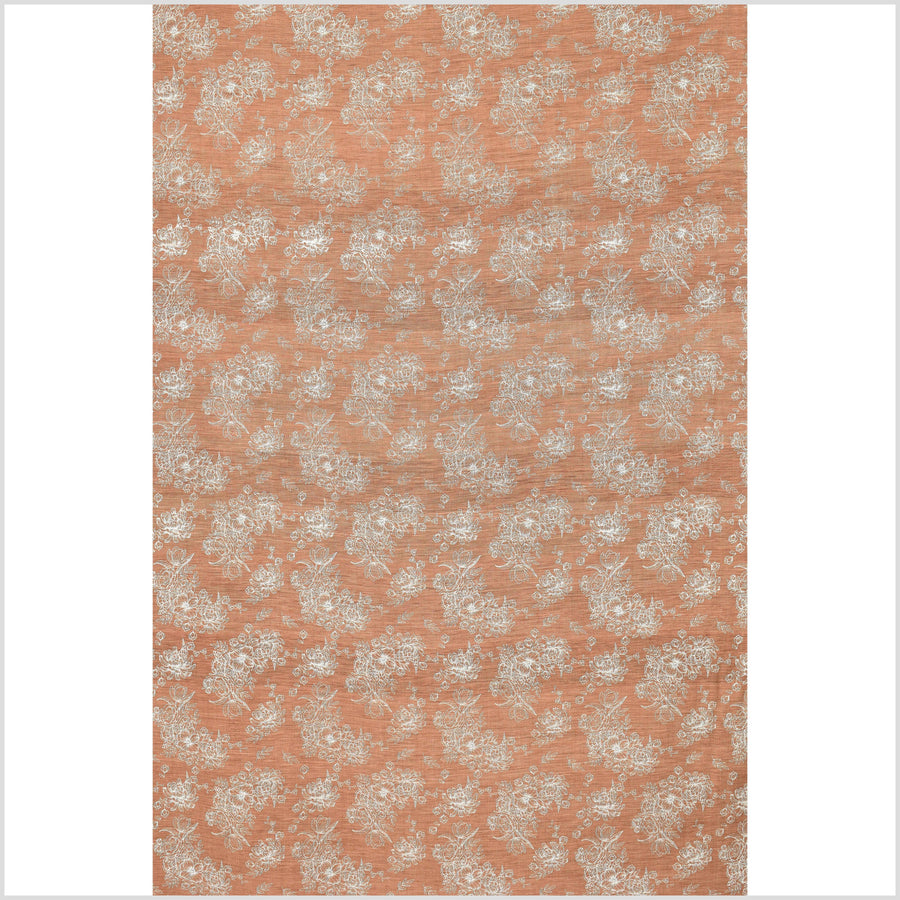 Textured handwoven, rust brown pale orange cotton fabric, off-white flower print, natural dye fabric, medium-weight, per yard PHA280