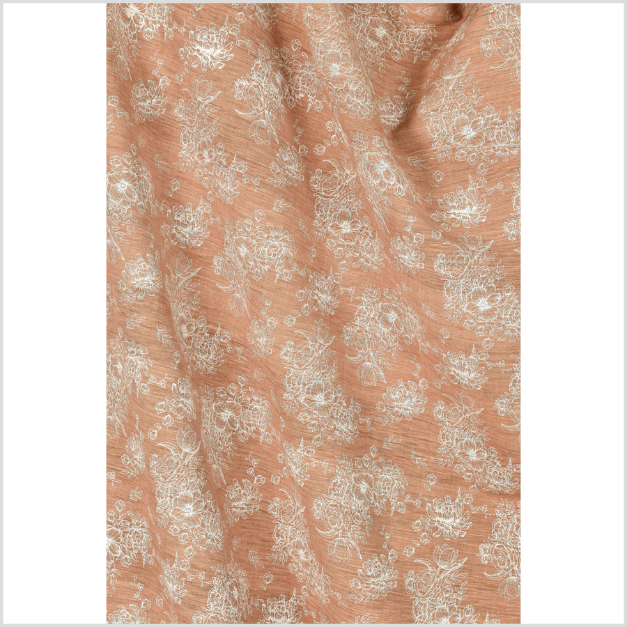 Textured handwoven, rust brown pale orange cotton fabric, off-white flower print, natural dye fabric, medium-weight, per yard PHA280