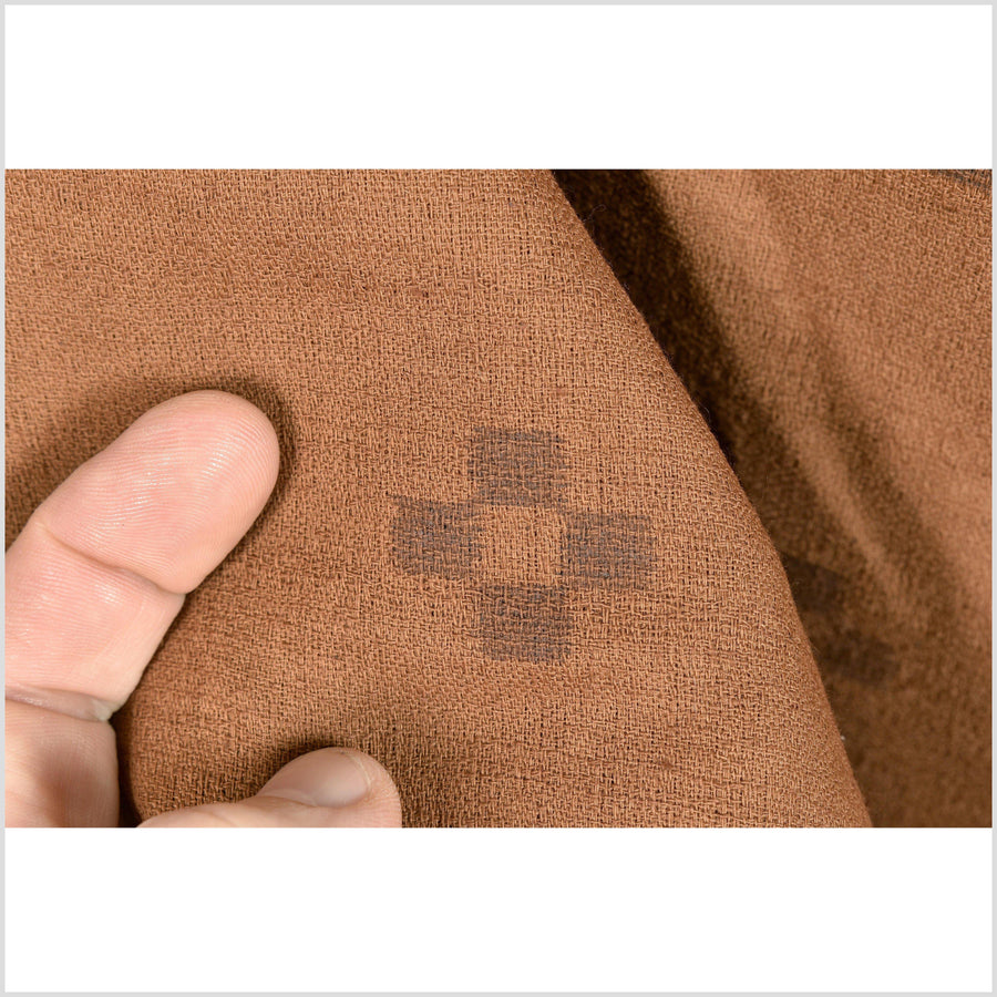 Textured woven cotton fabric, tobacco, warm rust color, brown check cross pattern, washed, soft and airy, Thailand craft material sold by the yard PHA234