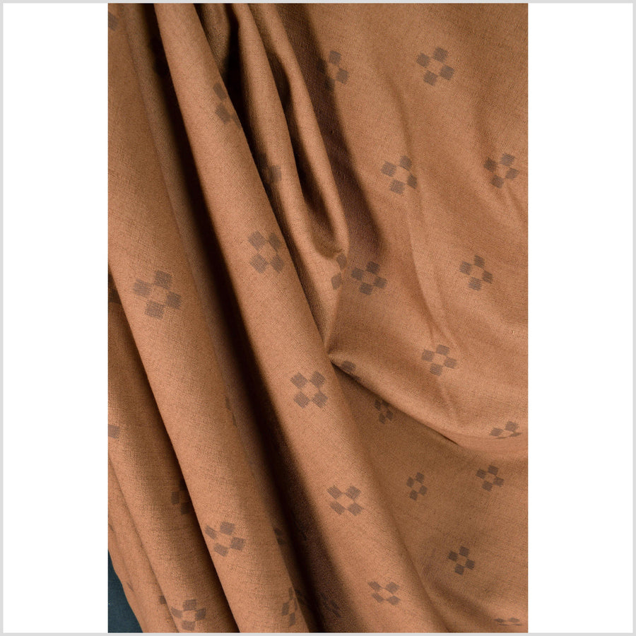 Textured woven cotton fabric, tobacco, warm rust color, brown check cross pattern, washed, soft and airy, Thailand craft material sold by the yard PHA234