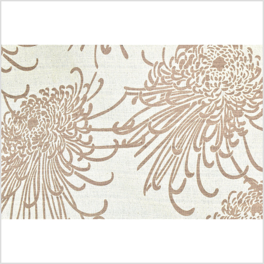 Textured woven neutral beige cotton fabric, mocha brown flower nature screen print, bold graphic block pattern, unbleached sold by the yard PHA332