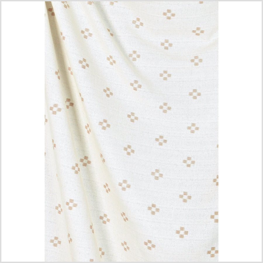 Textured woven neutral beige, warm off-white cotton fabric, tan brown check cross pattern, unbleached, washed, soft airy, by the yard PHA290