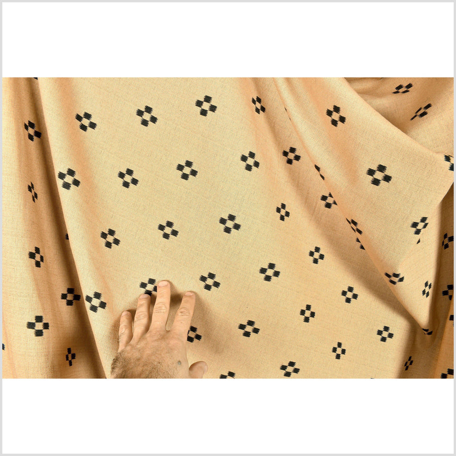 Textured woven saffron yellow ocher cotton fabric, warm black check cross pattern, washed, soft and airy, by the yard PHA210