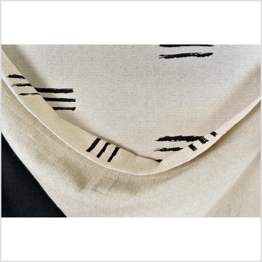 Thick woven, neutral beige, unbleached hemp, washed, soft and airy, black mud cloth linear screen print, by the yard PHA188