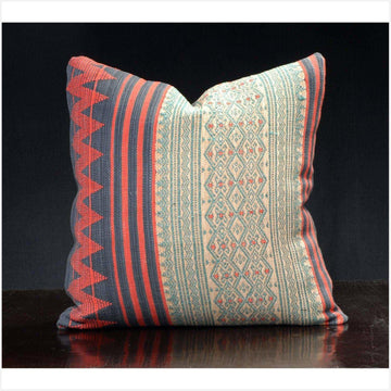 Throw pillow traditional Naga tribal textile, ethnic hand woven cotton green red tan India fabric 18 x 18 inch decorative pillow. PIL28