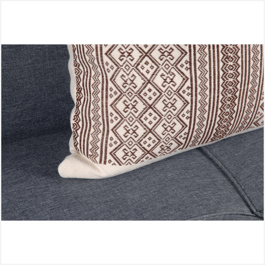 Throw pillow traditional Naga tribal textile ethnic handwoven cotton neutral white brown India fabric geometric tassel rectangle pillow SD50