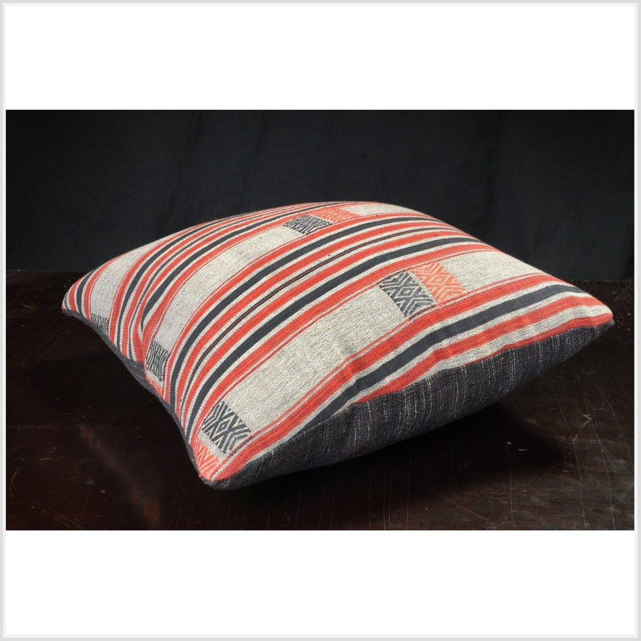 Throw pillow, tribal decorative square Naga tribal textile, ethnic hand woven cotton black orange grey India fabric. 18 x 18 inch. PIL29