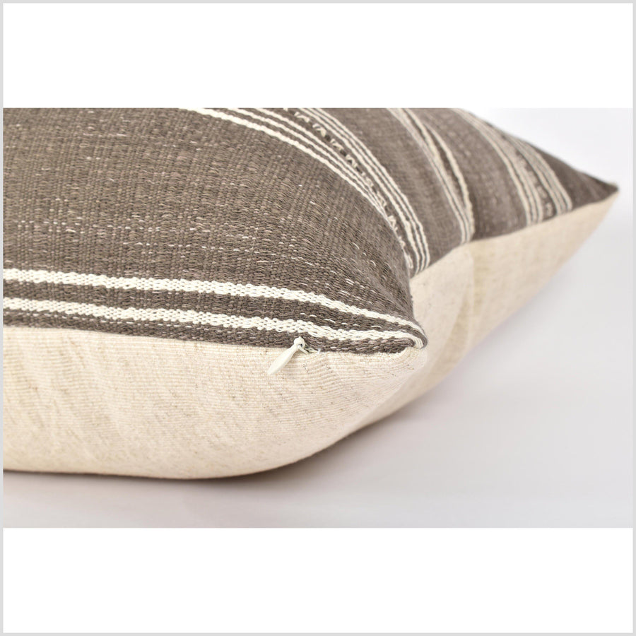 Tribal 21 in. square cushion, handwoven cotton, ethnic striped pillow, Hmong neutral chalky brown, warm off-white, natural organic dye VV95