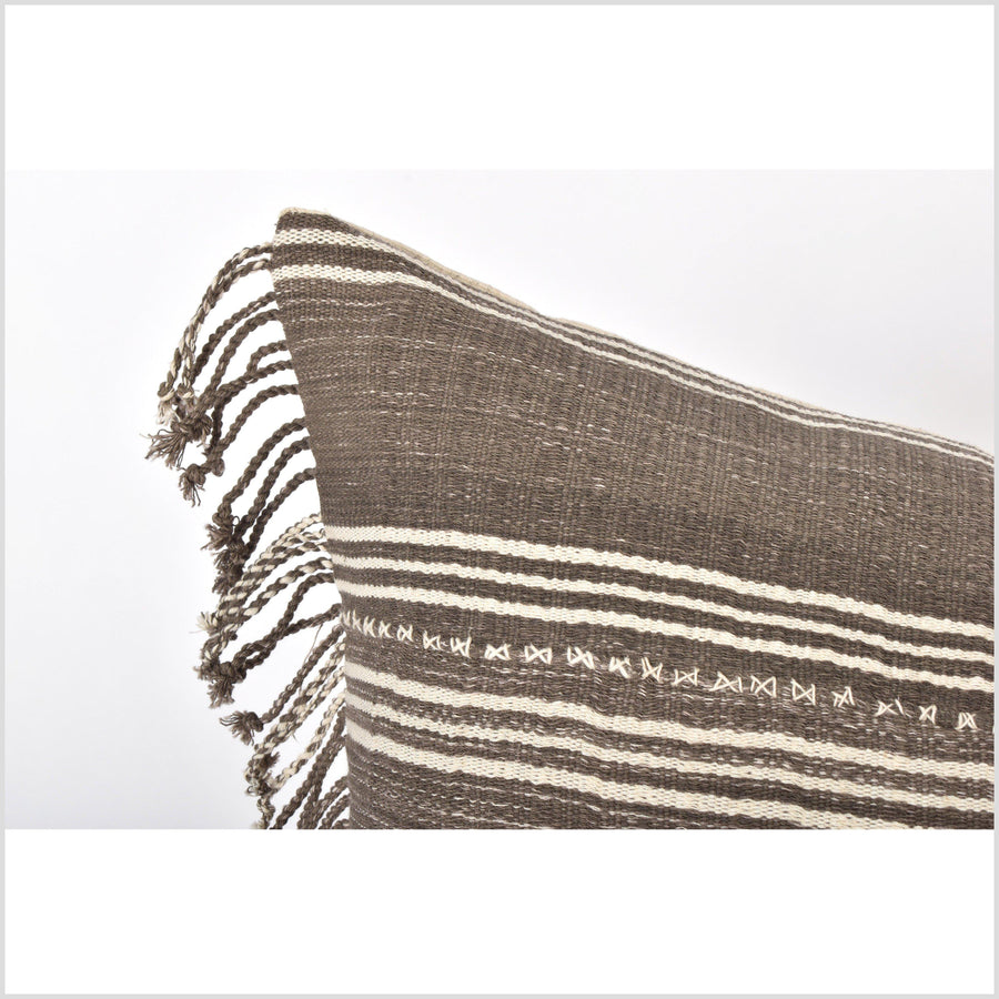 Tribal 21 in. square cushion, handwoven cotton, ethnic striped pillow, Hmong neutral chalky brown, warm off-white, natural organic dye VV95