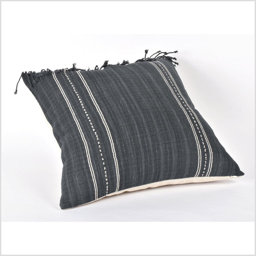 Tribal 21 in. square cushion, handwoven cotton, ethnic striped pillow, Hmong neutral warm off-white, dark gray, natural organic dye PP3