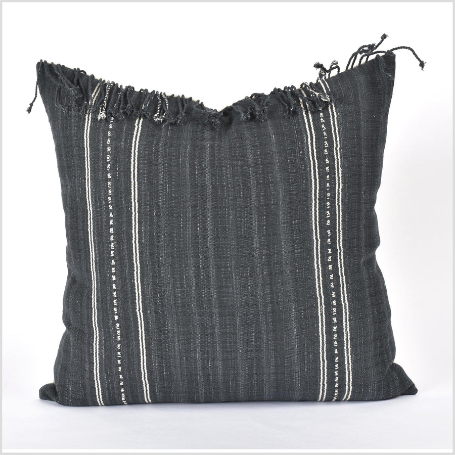 Tribal 21 in. square cushion, handwoven cotton, ethnic striped pillow, Hmong neutral warm off-white, dark gray, natural organic dye PP3
