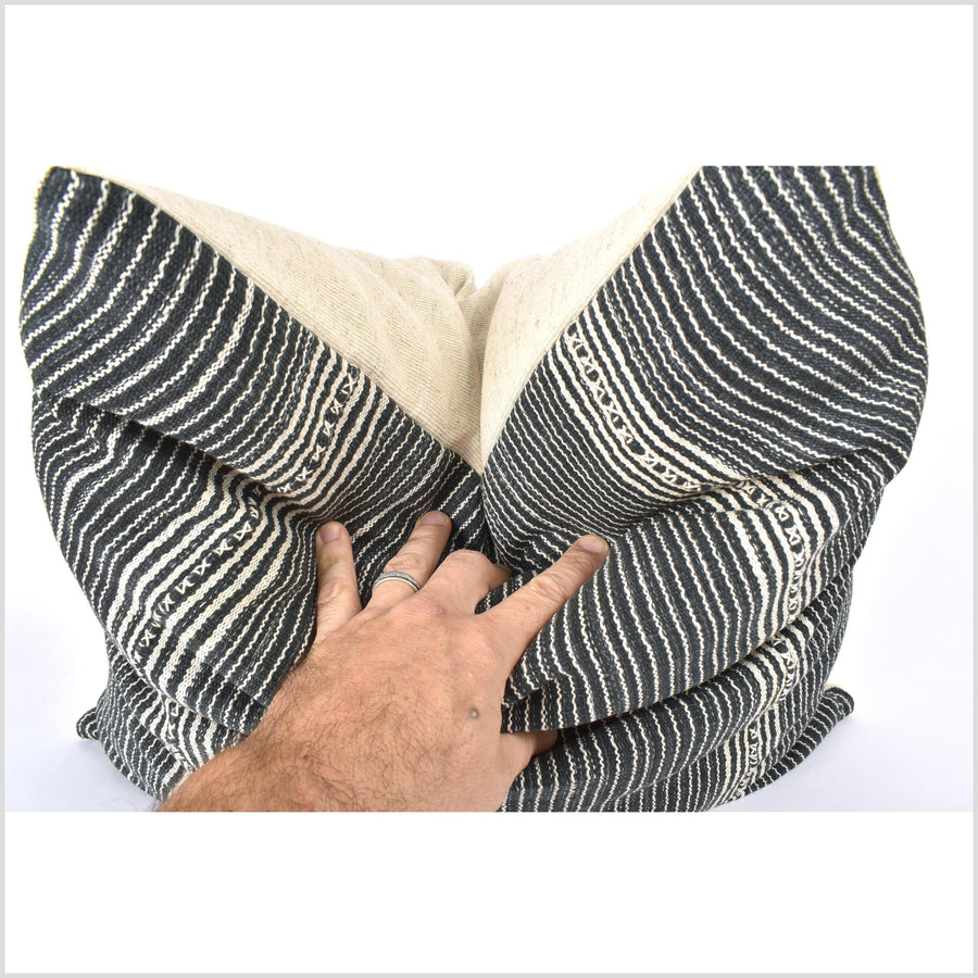 Tribal 21 in. square cushion, handwoven cotton, ethnic striped pillow, Hmong neutral warm off-white, dark gray, natural organic dye PP4