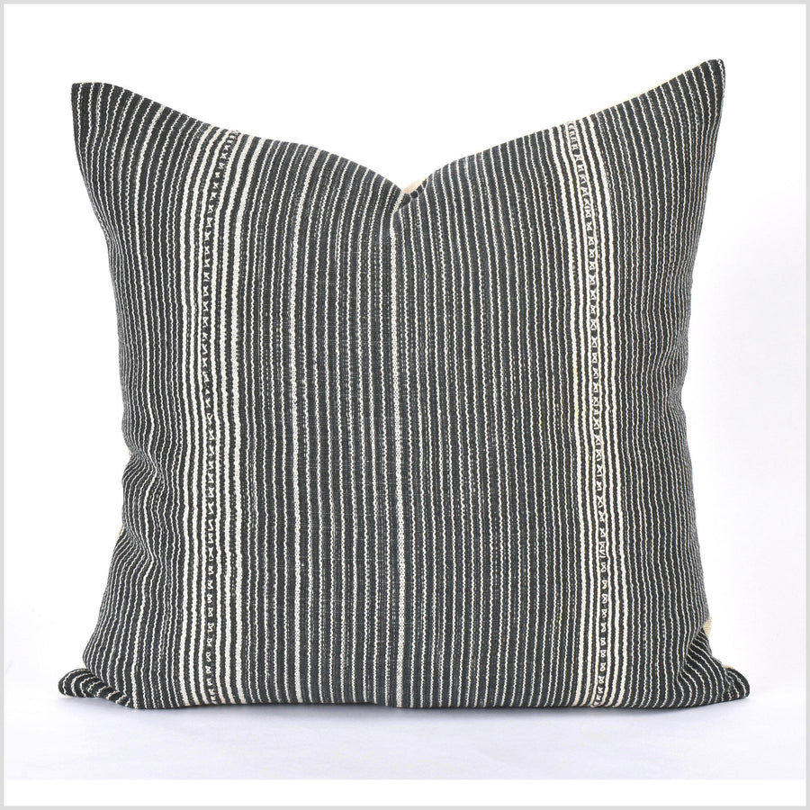 Tribal 21 in. square cushion, handwoven cotton, ethnic striped pillow, Hmong neutral warm off-white, dark gray, natural organic dye PP4