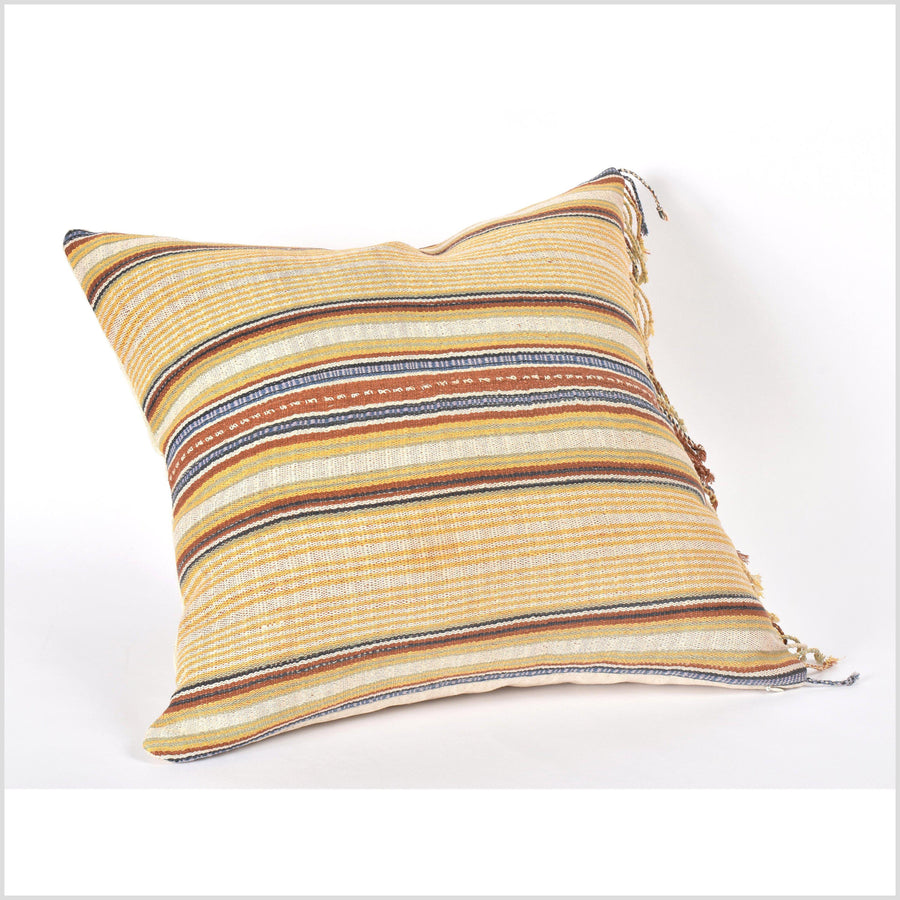 Tribal 21 in. square cushion, handwoven cotton, ethnic striped pillow, Hmong rainbow off-white, yellow, purple, rust, black, blue, natural organic dye VV97