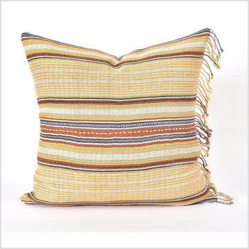 Tribal 21 in. square cushion, handwoven cotton, ethnic striped pillow, Hmong rainbow off-white, yellow, purple, rust, black, blue, natural organic dye VV97