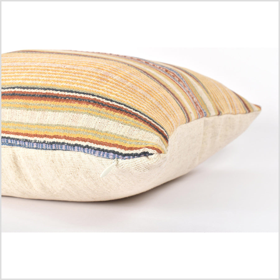 Tribal 21 in. square cushion, handwoven cotton, ethnic striped pillow, Hmong rainbow off-white, yellow, purple, rust, black, blue, natural organic dye VV98