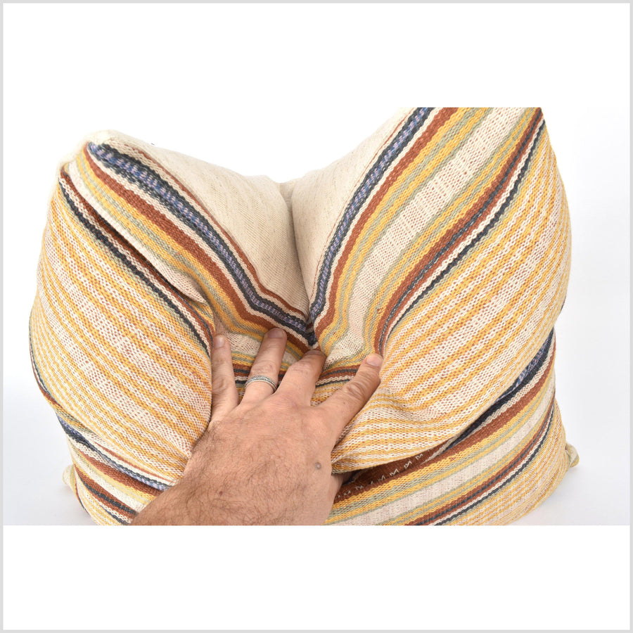 Tribal 21 in. square cushion, handwoven cotton, ethnic striped pillow, Hmong rainbow off-white, yellow, purple, rust, black, blue, natural organic dye VV98