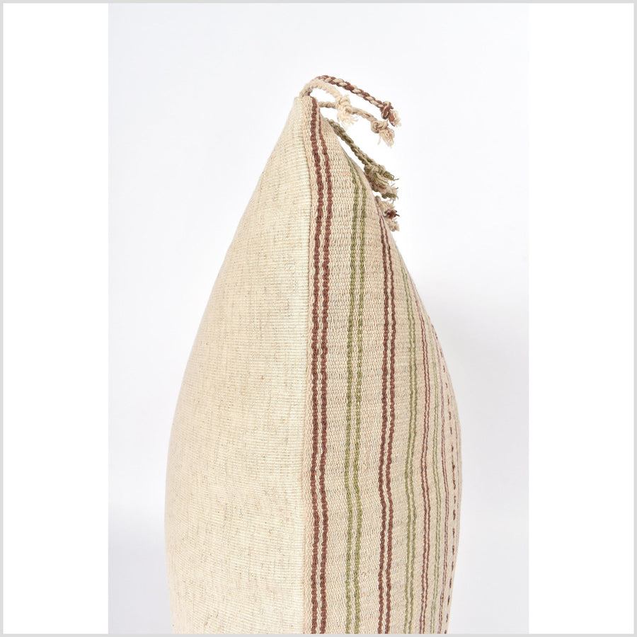 Tribal 22 in. square cushion, handwoven cotton, ethnic striped pillow, Hmong neutral beige, brown, olive, natural organic dye VV96