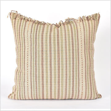 Tribal 22 in. square cushion, handwoven cotton, ethnic striped pillow, Hmong neutral beige, brown, olive, natural organic dye VV96
