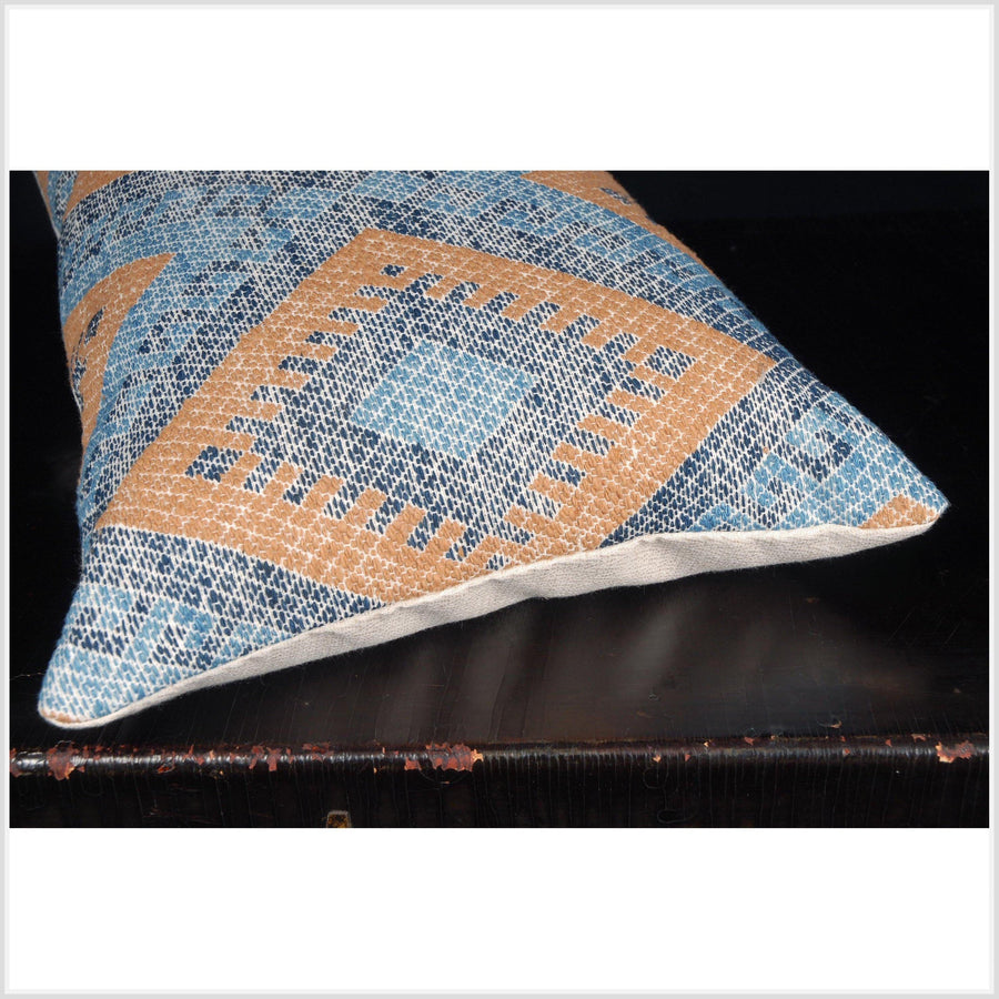 Tribal blue cotton pillow gold black white handwoven natural dye textile ethnic Tai Lue Laos fabric decorative rectangle lumbar cushion QW79