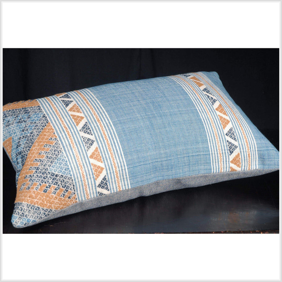 Tribal blue cotton pillow gold black white handwoven natural dye textile ethnic Tai Lue Laos fabric decorative rectangle lumbar cushion QW83