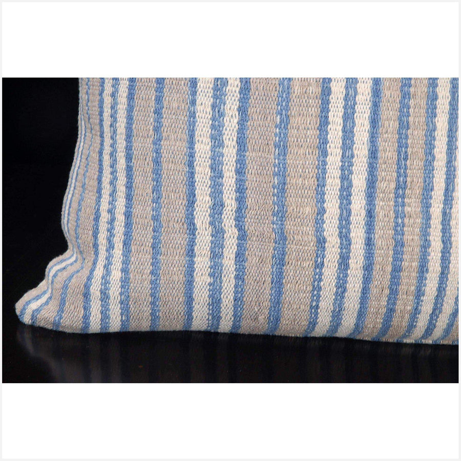 Tribal decorative lumbar pillow Karen Hmong ethnic fabric throw cushion hand woven cotton blue gray white stripe home decor natural dye FG32