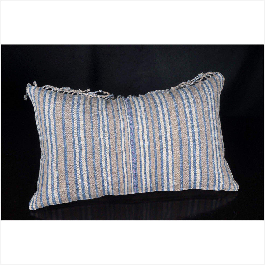 Tribal decorative lumbar pillow Karen Hmong ethnic fabric throw cushion hand woven cotton blue gray white stripe home decor natural dye FG33