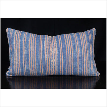 Tribal decorative lumbar pillow Karen Hmong ethnic fabric throw cushion hand woven cotton blue pink salmon home decor natural dye FG19