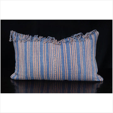Tribal decorative lumbar pillow Karen Hmong ethnic fabric throw cushion hand woven cotton blue pink salmon home decor natural dye FG20
