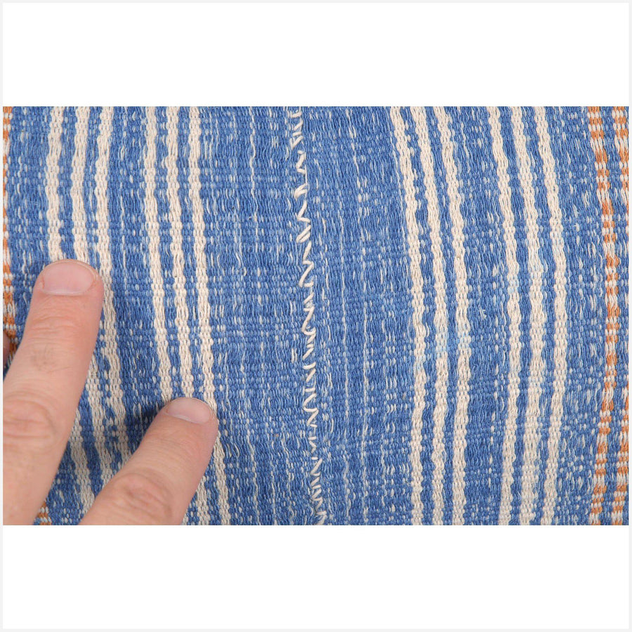 Tribal decorative lumbar pillow Karen Hmong ethnic fabric throw cushion hand woven cotton blue white orange stripe natural organic dye FG85