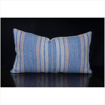 Tribal decorative lumbar pillow Karen Hmong ethnic fabric throw cushion hand woven cotton blue white orange stripe natural organic dye FG85