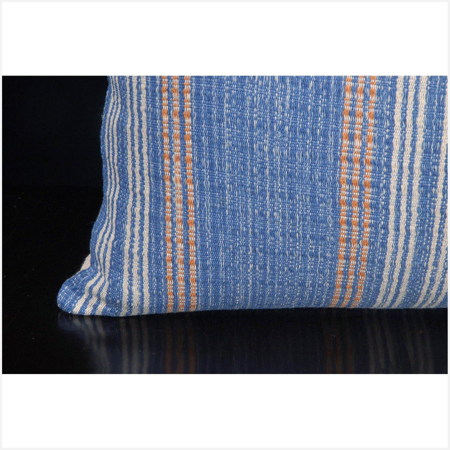 Tribal decorative lumbar pillow Karen Hmong ethnic fabric throw cushion hand woven cotton blue white orange stripe natural organic dye FG86