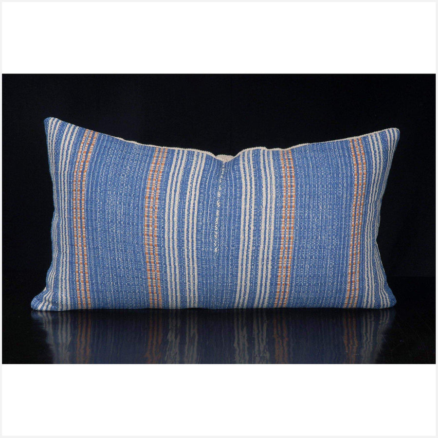 Tribal decorative lumbar pillow Karen Hmong ethnic fabric throw cushion hand woven cotton blue white orange stripe natural organic dye FG86