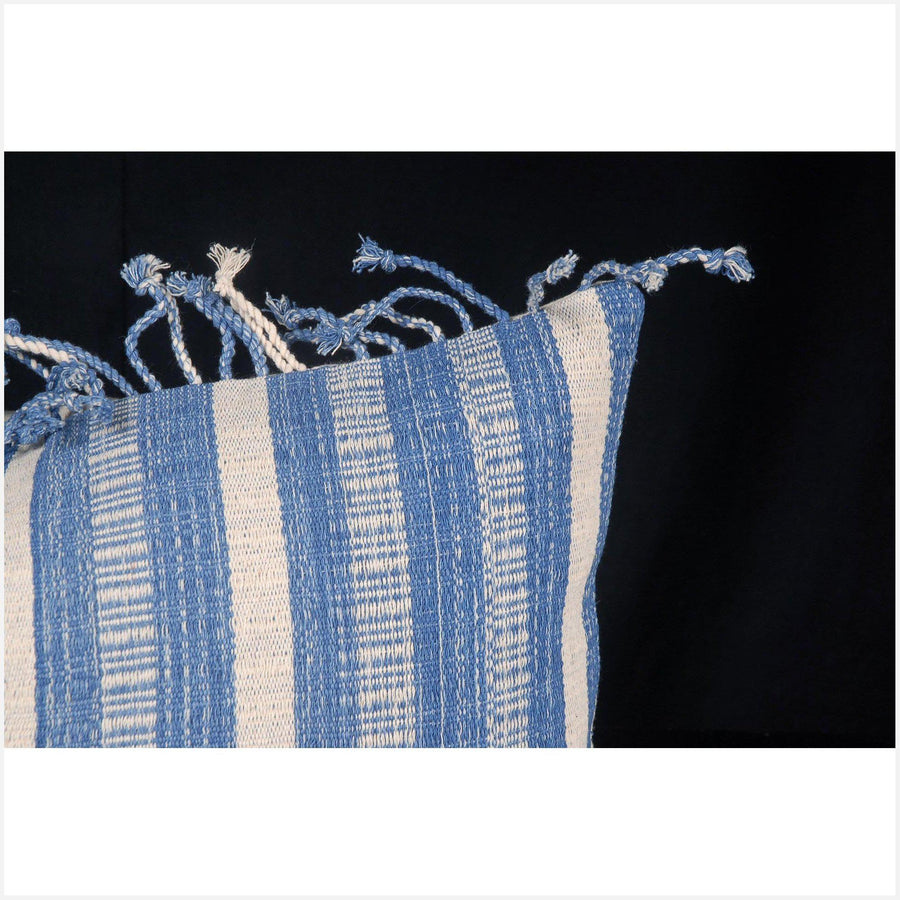 Tribal decorative lumbar pillow Karen Hmong ethnic fabric throw cushion hand woven cotton blue white stripe home decor natural dye FG39