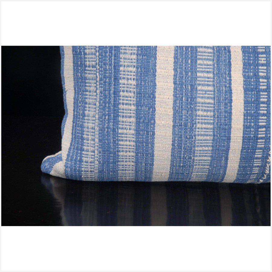 Tribal decorative lumbar pillow Karen Hmong ethnic fabric throw cushion hand woven cotton blue white stripe home decor natural dye FG39