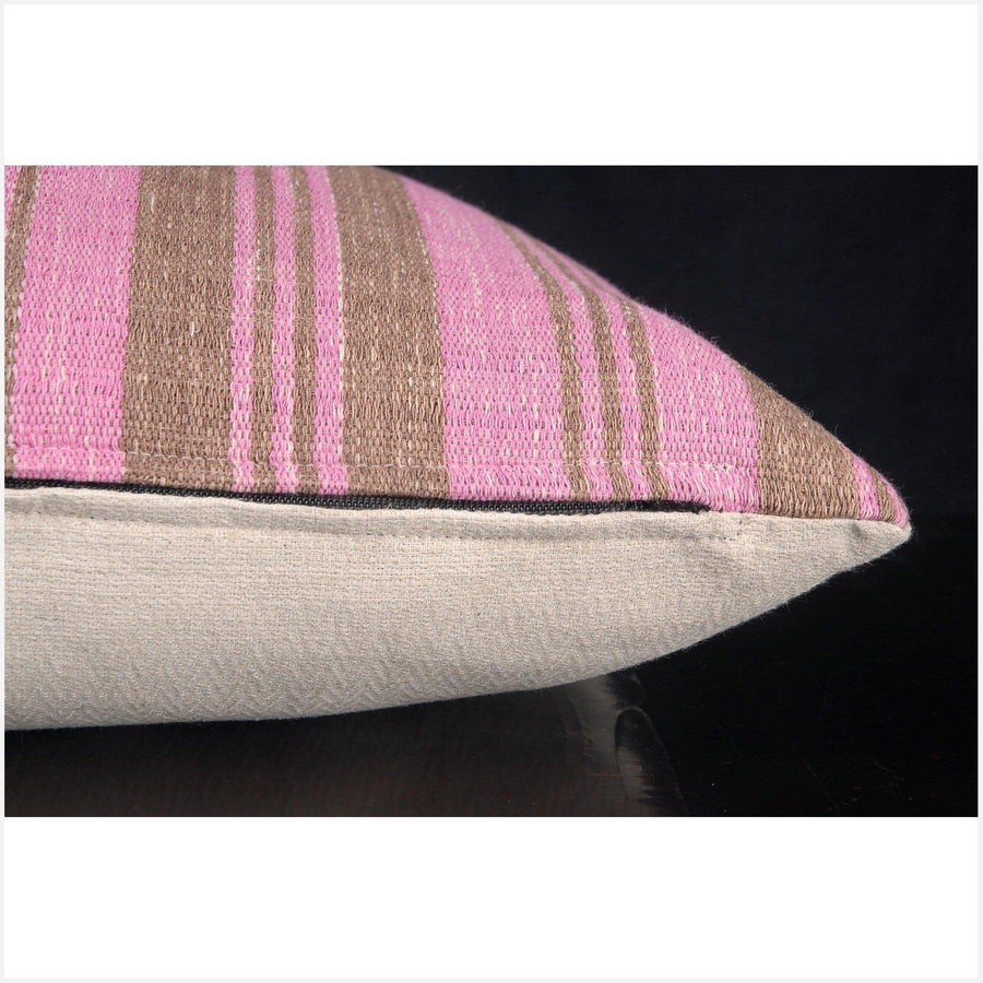 Tribal decorative lumbar pillow Karen Hmong ethnic fabric throw cushion hand woven cotton pink brown stripe decor natural organic dye FG43