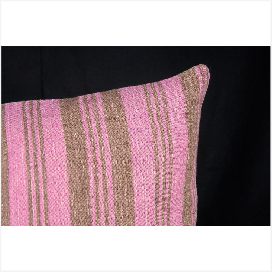 Tribal decorative lumbar pillow Karen Hmong ethnic fabric throw cushion hand woven cotton pink brown stripe decor natural organic dye FG43